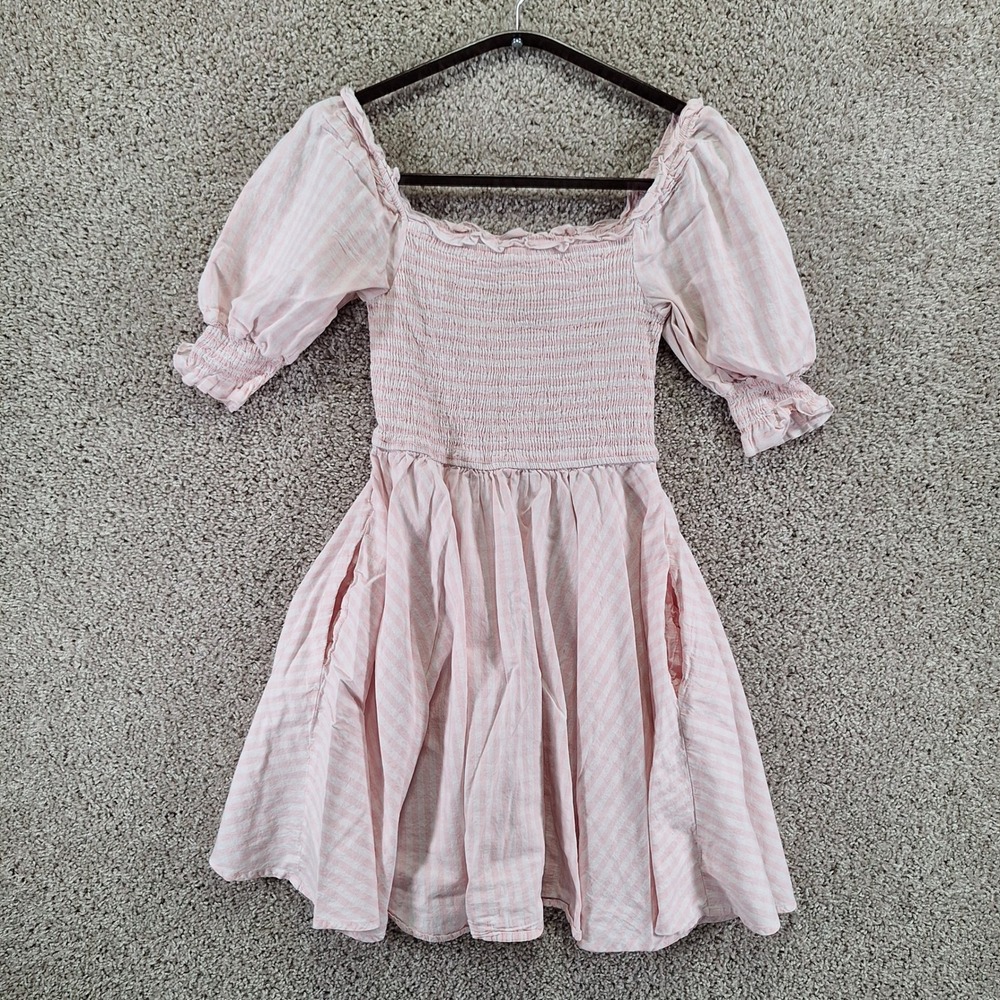 Blue Rain Dress Women Medium Pink Striped Smocked Bodice Puff Sleeve Cottagecore